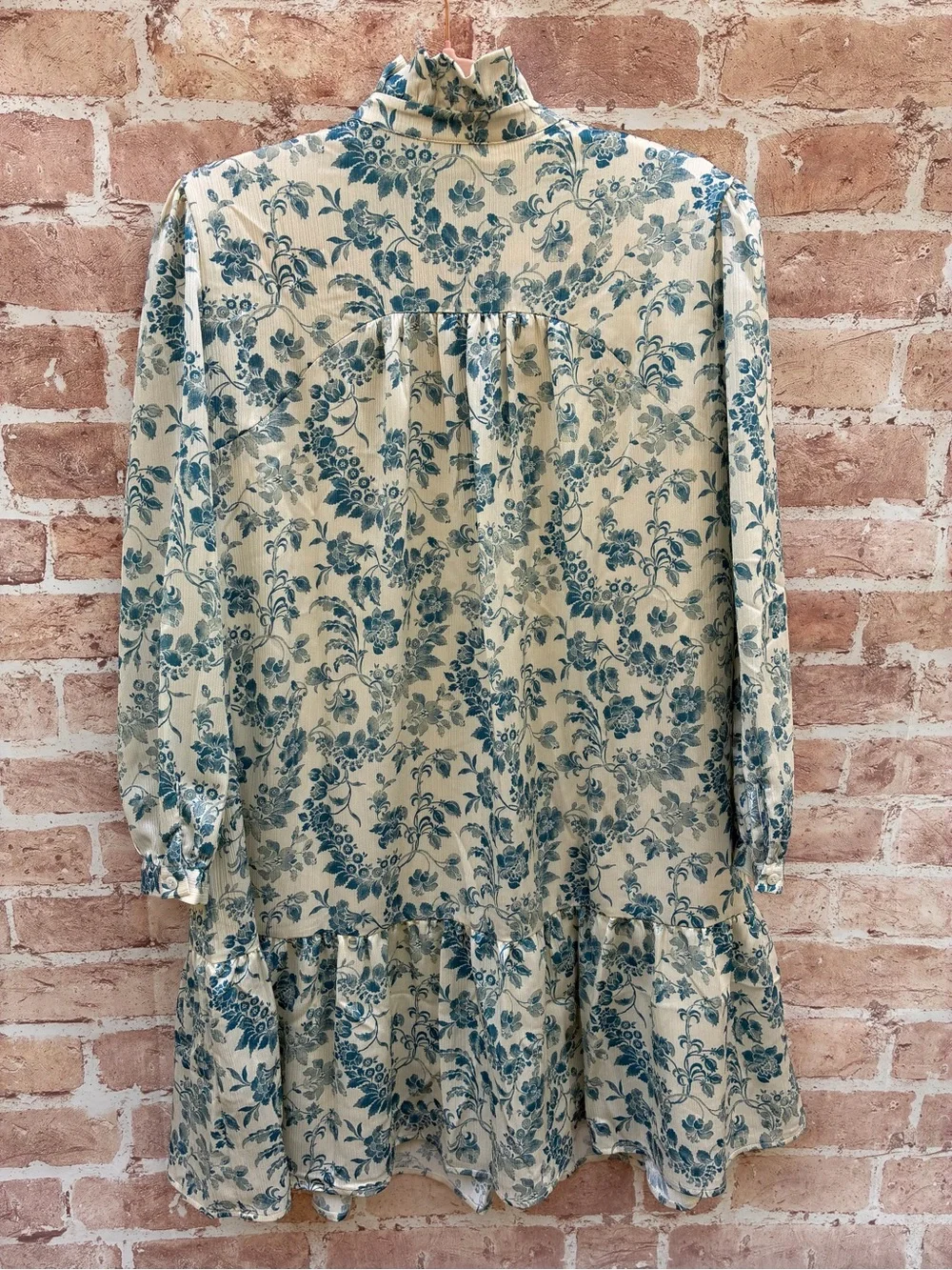 Tuckernuck size L Blue Floral Ruffle Neck satin Tiered mini Dress